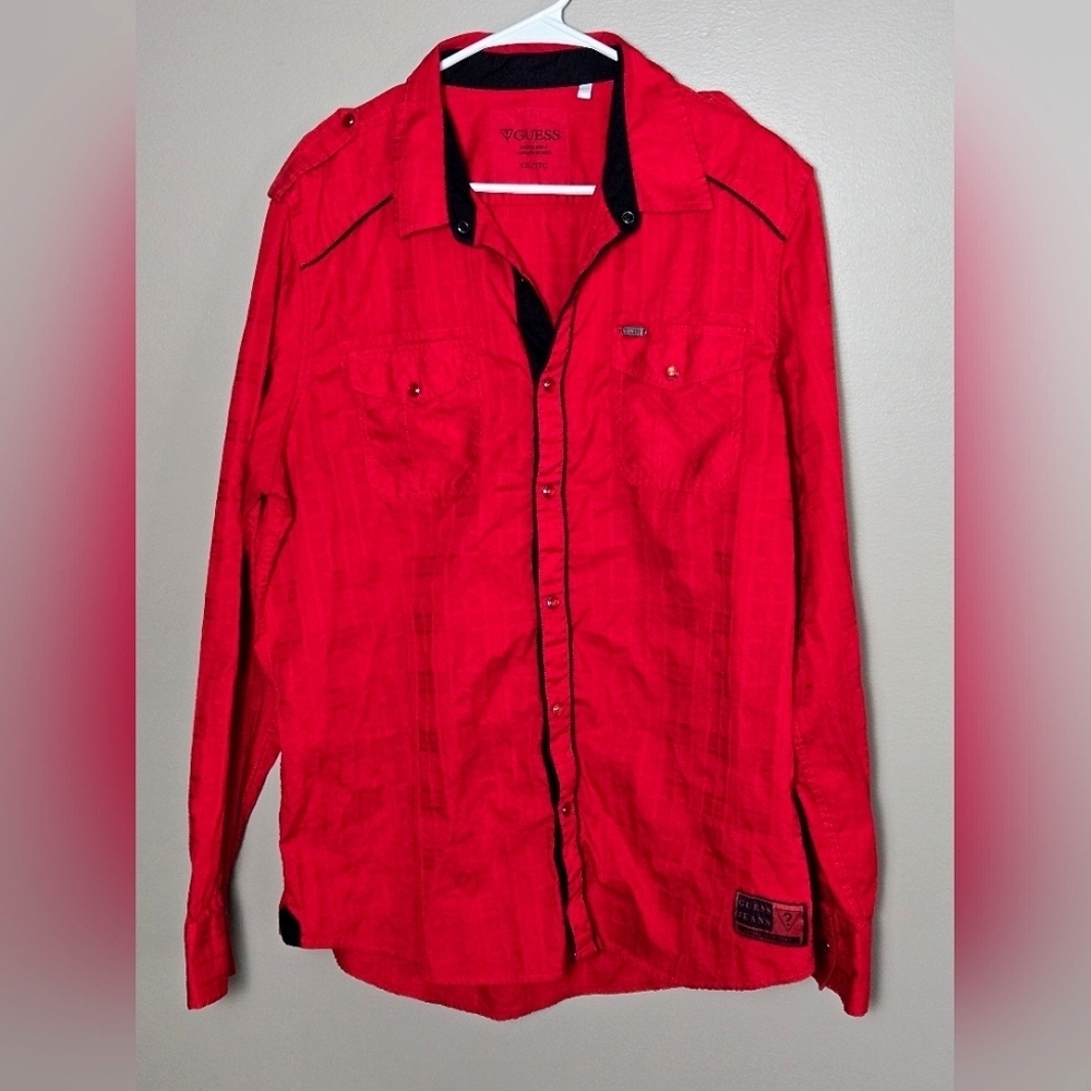 Men's Guess Jeans Red Pearl‎ Snap Button Dowm Long Sleeve, Size XXL